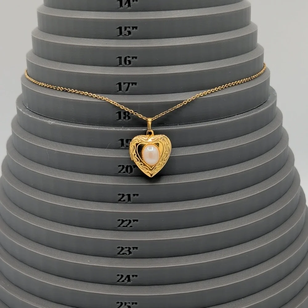 Vintage Gold Tone Faux Pearl Heart Locket Necklace Etched Scroll 18
